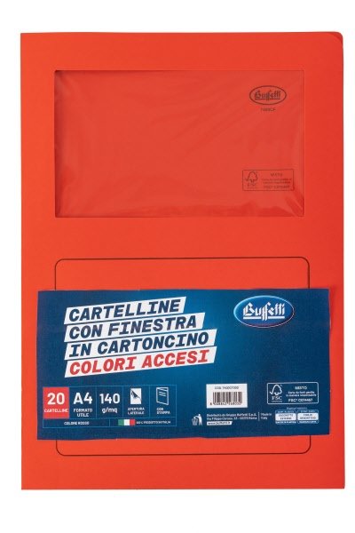 Cartelline con finestra  - cartoncino - 140 g/mq - 29,7x21 cm -rosso - conf. 20 pz