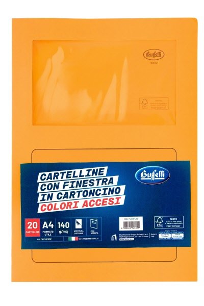 Cartelline con finestra  - cartoncino - 140 g/mq - 29,7x21 cm - giallo - conf. 20 pz