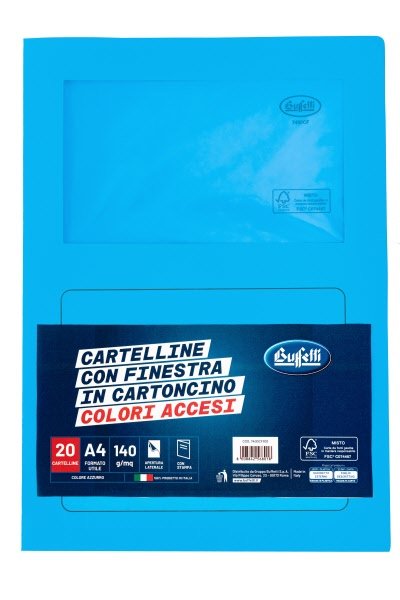 Cartelline con finestra  - cartoncino - 140 g/mq - 29,7x21 cm - azzurro - conf. 20 pz