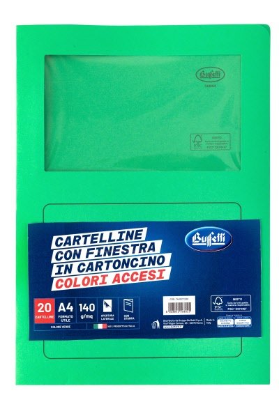 Cartelline con finestra  - cartoncino - 140 g/mq - 29,7x21 cm - verde - conf. 20 pz