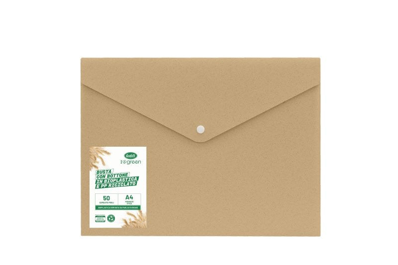 Buste con bottone I love green - bioplastica e pp riciclato  - 29,7x21 cm - avana
