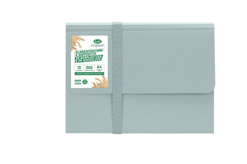 Classificatore a soffietto I love green - bioplastica e pp riciclato - 12 scomparti - 21x29,7 cm - chiusura con elastico - celeste
