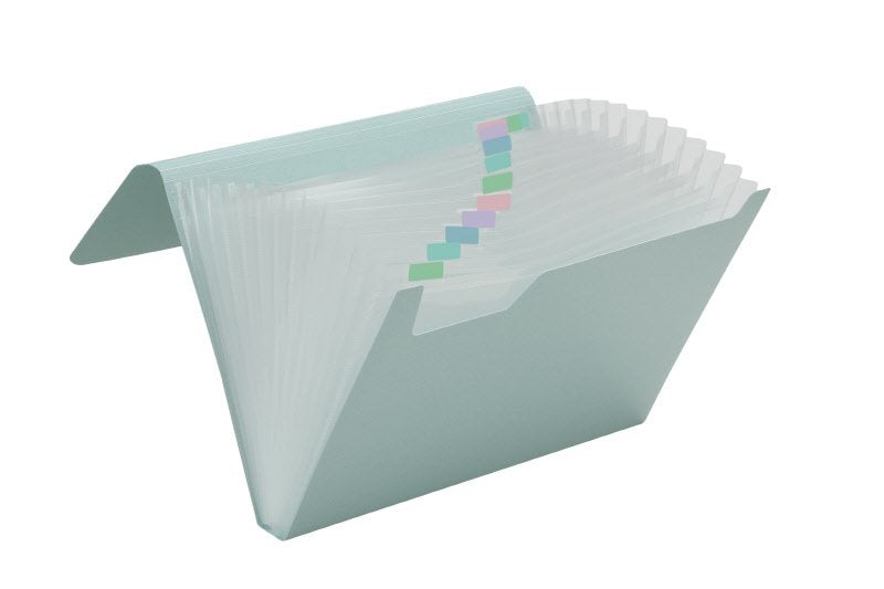 Classificatore a soffietto I love green - bioplastica e pp riciclato - 12 scomparti - 21x29,7 cm - chiusura con elastico - celeste