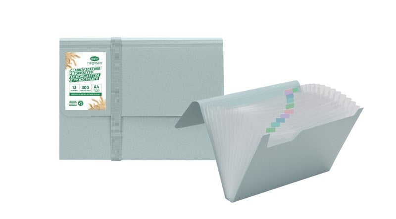 Classificatore a soffietto I love green - bioplastica e pp riciclato - 12 scomparti - 21x29,7 cm - chiusura con elastico - celeste