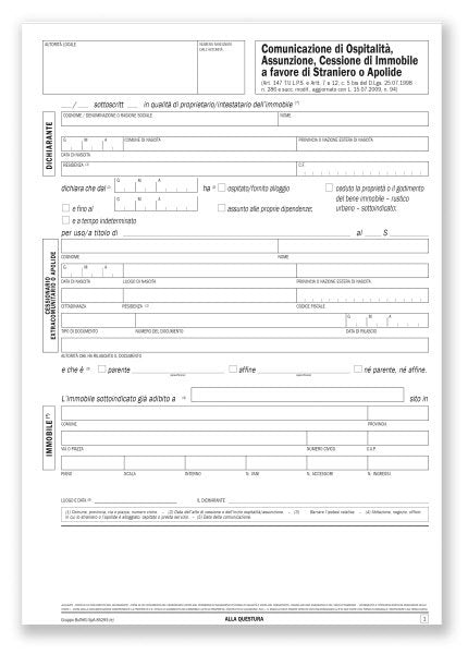 Comunicazione alla P.S. di ospitalità, assunzione, cessione di immobile a straniero o apolide - Snap out in triplice copia autoricalcante - 29,7x21 cm