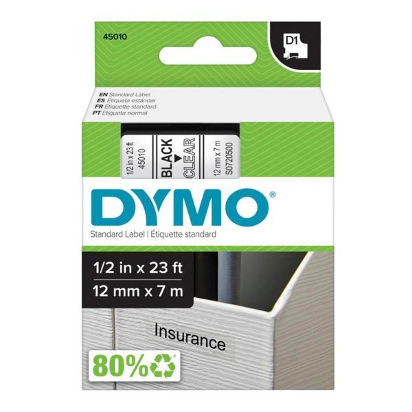 Nastri Dymo D1 - permanente - 12 mm x 7 m - nero / trasparente