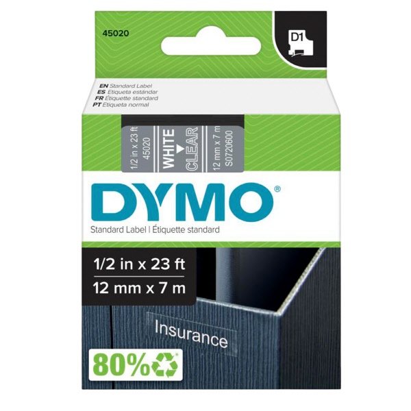 Nastri Dymo D1 - permanente - 12 mm x 7 m - bianco / trasparente