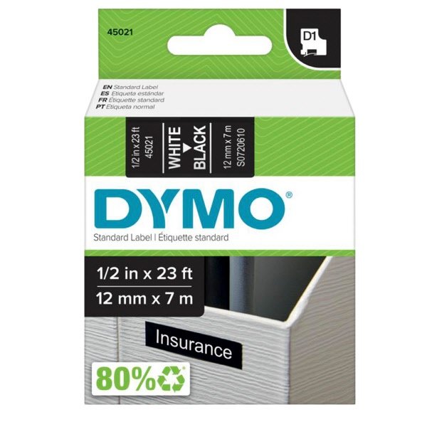 Nastri Dymo D1 - permanente - 12 mm x 7 m - bianco / nero