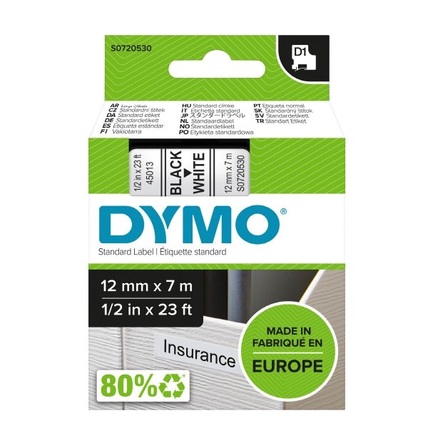 Nastri Dymo D1 - permanente - 12 mm x 7 m - nero / bianco